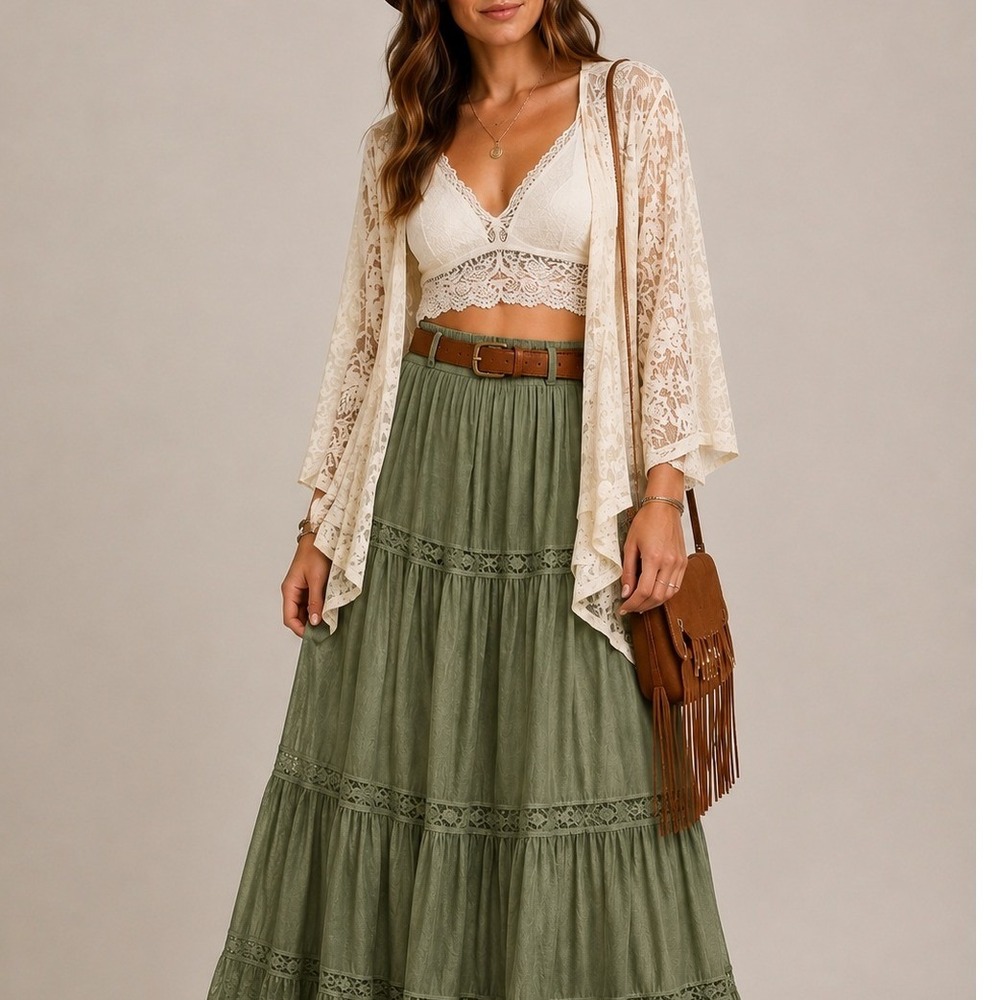 Boho Chic Lace Kimono‎ Top Size XL Sheer Layer Beachy Dainty Bohemian